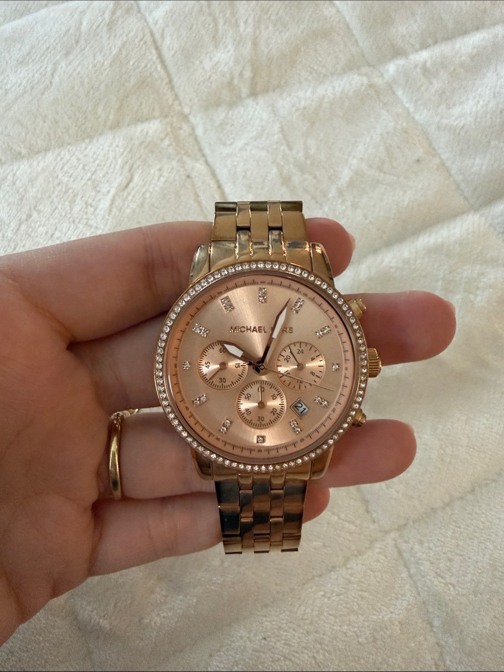 Michael Kors Rose Gold Tone Crystal Bezel Chronograph Watch